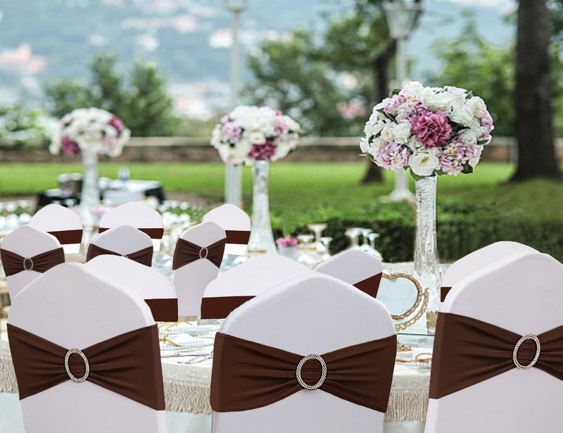 JFDYDM Brown Chair Sashes 50 Pack, Spandex Brown Chair Bows Bands with Buckle Slider for Folding Chairs Wedding Party Birthday Decor, Chair Ties - Image 3